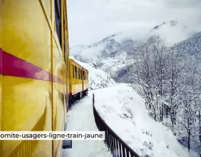 Train Jaune qui passe par la gare de Bolquère (Font-Romeu) dans les Pyrénées